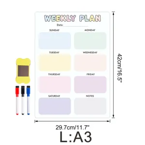 A3 magnetischer Wochenplaner Tafel Set mit Stiften und Schwamm fuer Kuehlschrank.