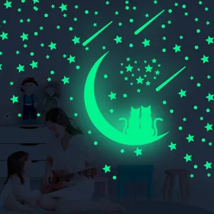 Stickers muraux luminescents brillants lune étoiles chat autocollants pour décoration chambre