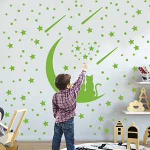 Autocollants muraux lumineux étoiles lune chat décalcomanies pour décor de chambre d'enfants