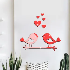 Valentine's Day bird and heart acrylic mirror wall sticker, self-adhesive home decor decal.