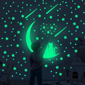 Stickers muraux luminescents lune etoiles chat brille dans le noir pour decoration.