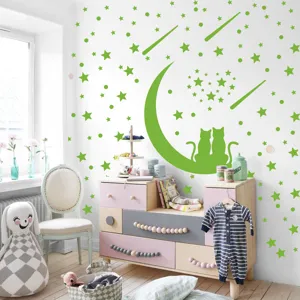 Stickers muraux lumineux lune etoiles chats phosphorescents decoration chambre amovible