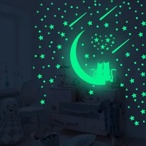 Autocollants muraux lumineux brillent dans le noir lune étoiles chats décoration chambre