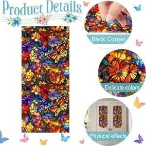 Stained glass window film with colorful flowers and butterflies, static cling sun protection.