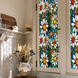 Stained glass window film with colorful daisy floral pattern, static cling privacy sticker for home.