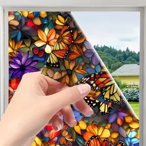 Decorative stained glass window film featuring vibrant floral and butterfly patterns.