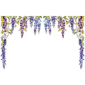Stained glass wisteria window film detail, colorful floral decal for home glass decoration.