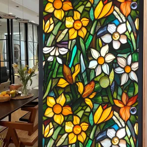 Stained glass window film floral daffodil static cling privacy glass sticker for home decor