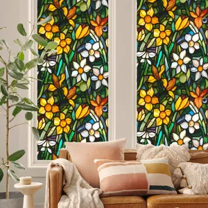Stained glass window film with floral daffodil pattern, static cling decorative glass sticker for home.