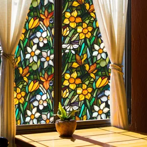Detailed scene view of stained glass window film featuring a colorful floral design.