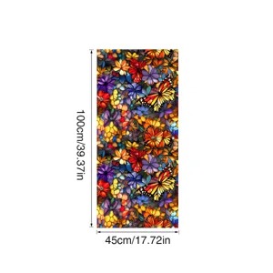 Stained glass window film with colorful flowers and butterfly pattern, static cling, 45x100cm
