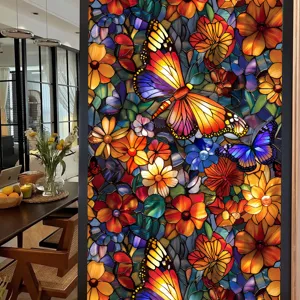 Colorful stained glass window film butterfly and floral static cling sticker for home decor.
