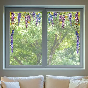 Stained glass window film with wisteria flower design, privacy decorative film for home decor.