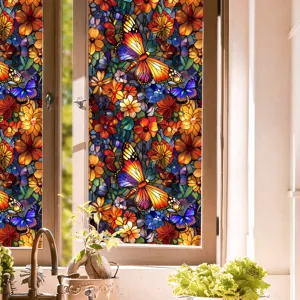 Stained glass window film colorful floral butterfly static cling privacy sun block sticker