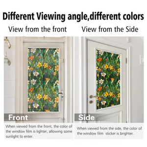 Stained glass window film detail showing floral pattern and different viewing angles.