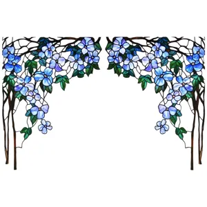 Detailed stained glass window film featuring blue flowers and green vines in decorative arch design.