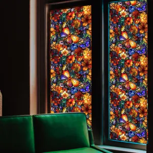 Decorative stained glass window film with colorful flowers and butterflies, privacy.