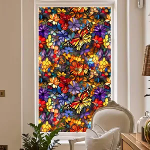 Stained glass window film with colorful flowers and butterfly pattern for privacy and home decor details