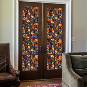 Stained glass window film with colorful flowers and butterflies, static cling privacy door sticker.