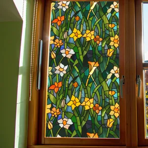 Stained glass window film with vibrant floral pattern, static cling privacy sticker for home decor.