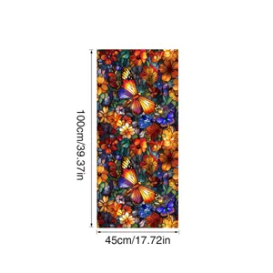 Detail view of colorful stained glass butterfly and flower window film sticker pattern.