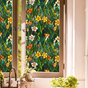 Stained glass window film with vibrant floral pattern, decorative static cling privacy film.