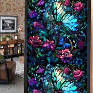 Stained glass window film with vibrant butterflies and floral design, perfect for home privacy.