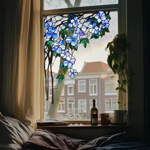 Static stained glass window film with blue floral design, privacy decorative window sticker.