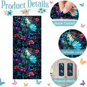 Stained glass window film with colorful butterfly and floral patterns for home privacy and decor.