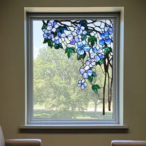 Stained glass window film with elegant blue floral design for privacy and home decoration