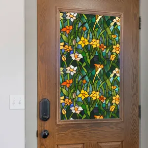 Decorative floral stained glass window film for home privacy, static cling floral design.