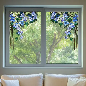Decorative blue floral stained glass window film, static cling privacy sticker for glass decor.