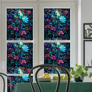 Decorative stained glass window film with vibrant butterfly and floral pattern for home decor.