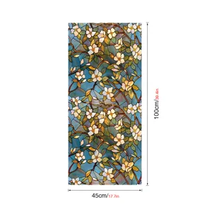Decorative stained glass window film with floral pattern, static cling privacy film 45x100cm.