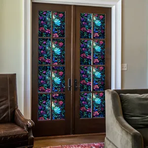 Stained glass window film with floral butterfly pattern for home privacy and glass door decor.
