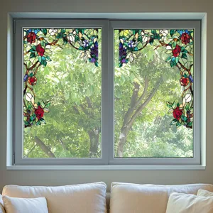 Stained glass window film with rose floral pattern, decorative privacy window sticker detail.