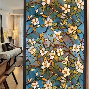Stained glass window film with elegant white flower botanical design for home decor and privacy protection.