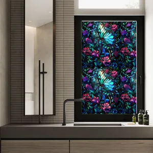 Stained glass window film blue butterfly floral static cling decorative privacy glass sticker