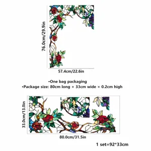 Detailed size chart showing stained glass floral window sticker dimensions and packaging info.