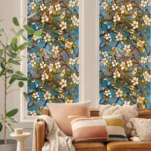 Stained glass floral window film detail, decorative privacy glass sticker for home decor.