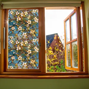 Stained glass window film floral static cling privacy decorative sticker for home decor.