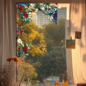 Stained glass window film with rose floral design, decorative privacy static cling film.