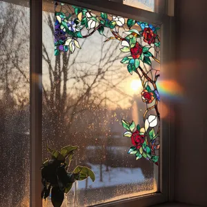 Stained glass window film detail, decorative floral rose vine static cling privacy sticker.