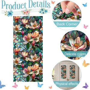 Stained glass window film detail showing magnolia floral pattern, delicate colors and easy peel.