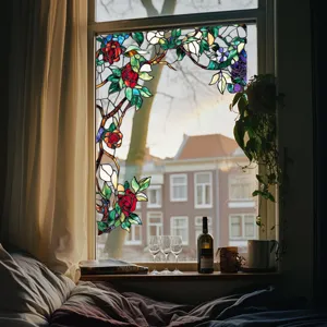 Stained glass window film detail, colorful floral rose privacy sticker for home window decor.