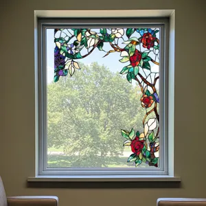 Decorative static stained glass window film featuring elegant floral rose and green leaf patterns.