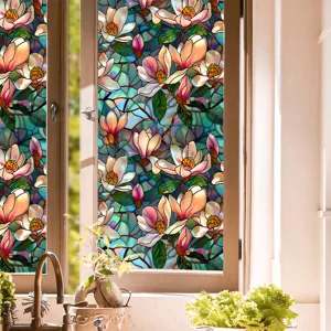 Magnolia stained glass window film detail, decorative privacy glass sticker for home.