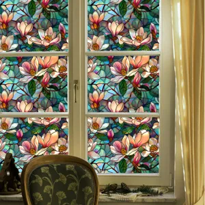 Stained glass window film decorative privacy static cling floral magnolia sticker home decor