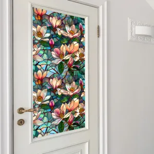 Stained glass window film with colorful floral pattern, perfect for privacy and home decor.