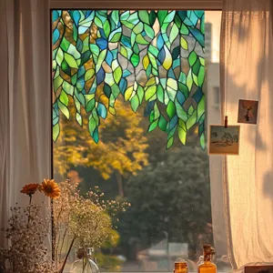 Stained glass window film with green leaf pattern, static cling privacy decorative glass sticker for home.